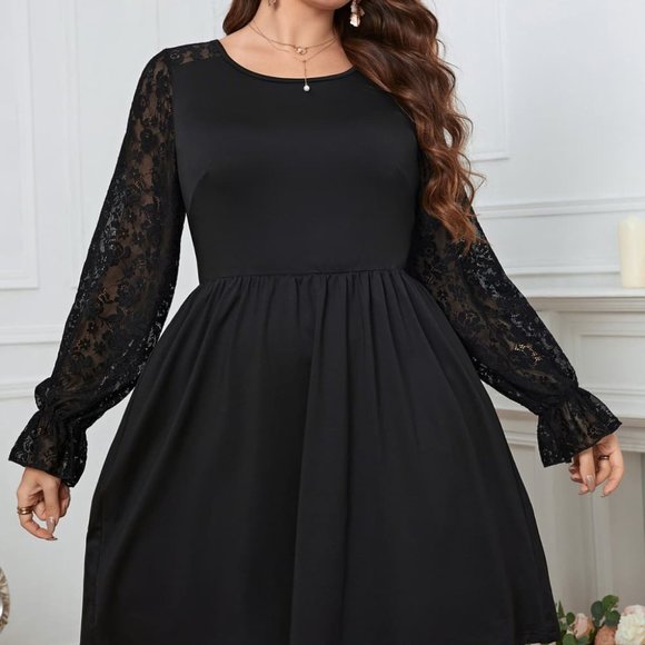 Melo Apparel Plus Size Lace Trim Round Neck Flounce Sleeve Dress - Picture 1 of 8